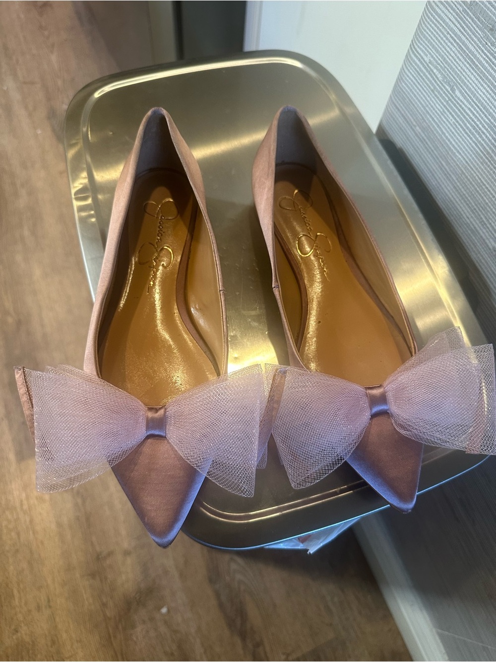 Jessica Simpson Pink Satin Pointed-Toe Bow Flats